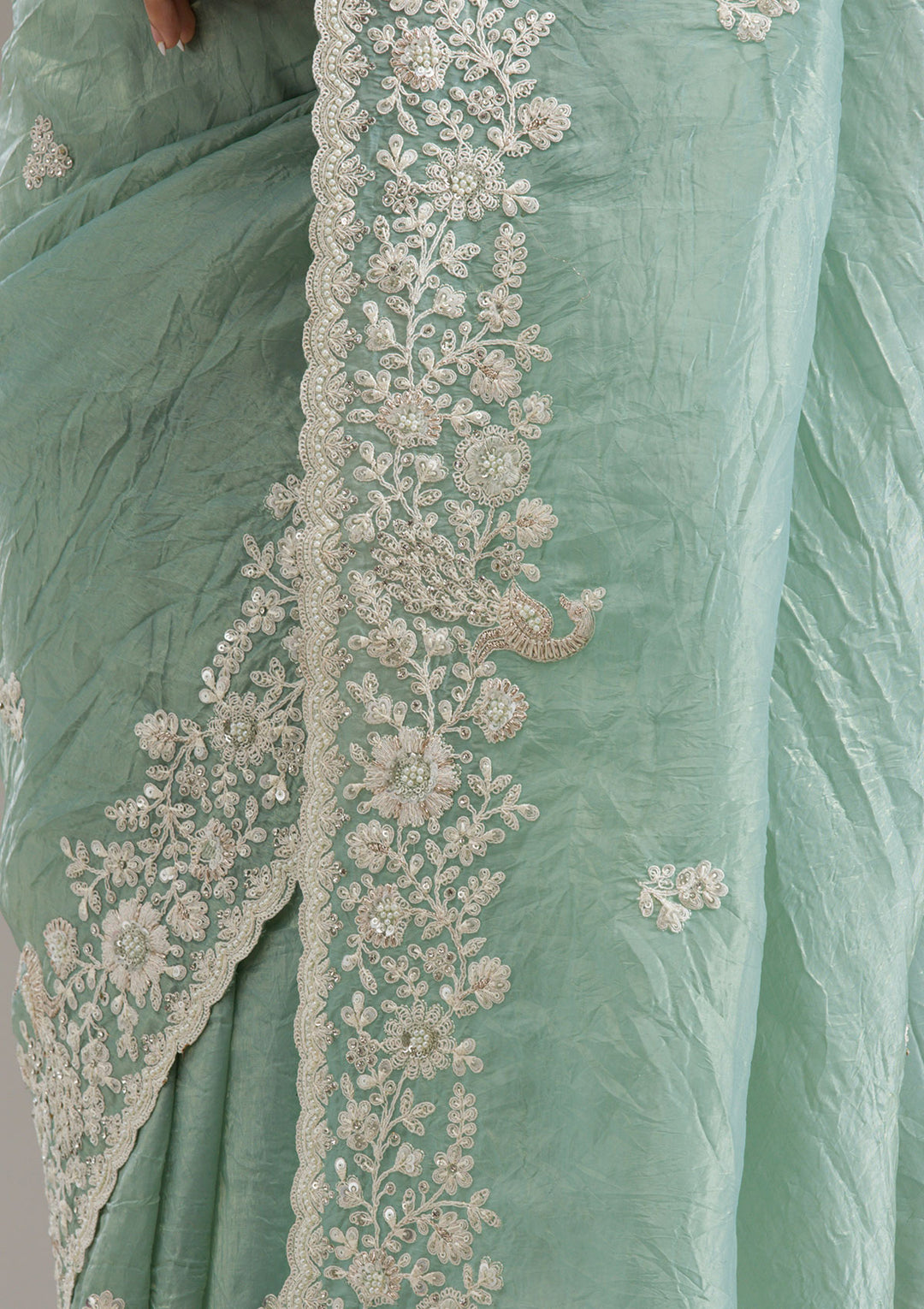 Sea Green Sequins Tissue Saree