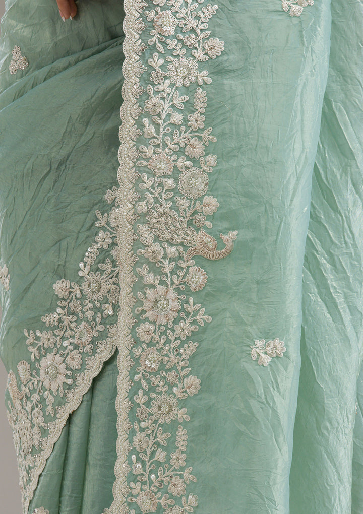 Sea Green Sequins Tissue Saree