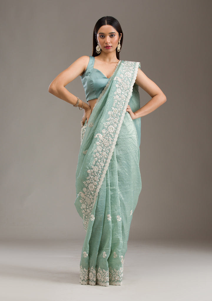 Sea Green Sequins Tissue Saree
