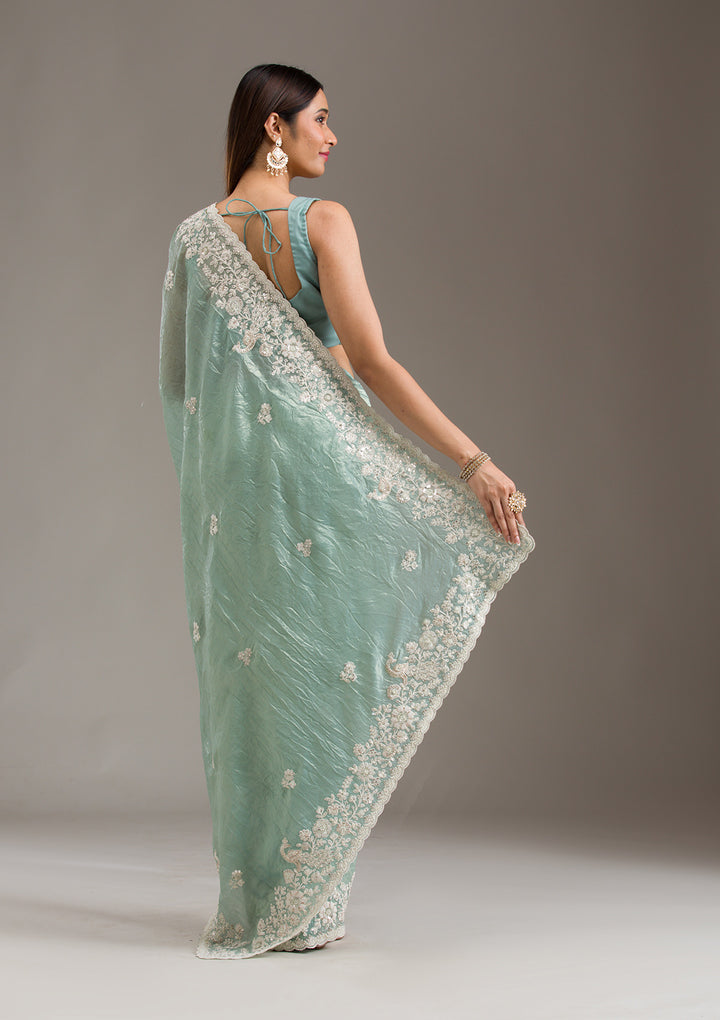 Sea Green Sequins Tissue Saree