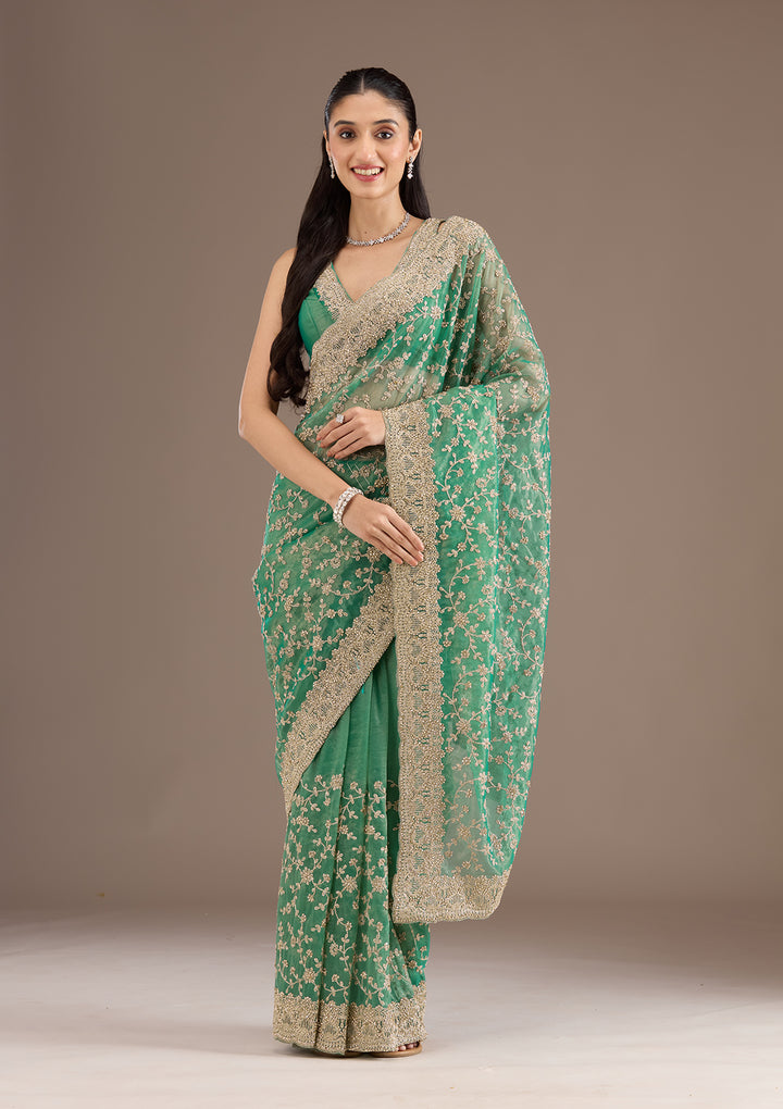 Sea Green Sequins Tissue Saree