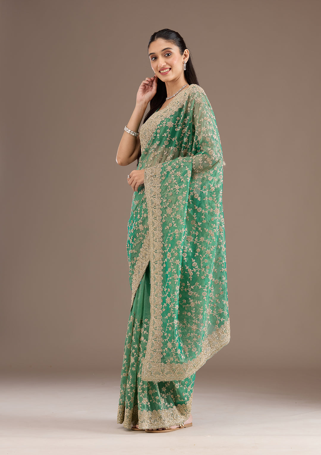 Sea Green Sequins Tissue Saree