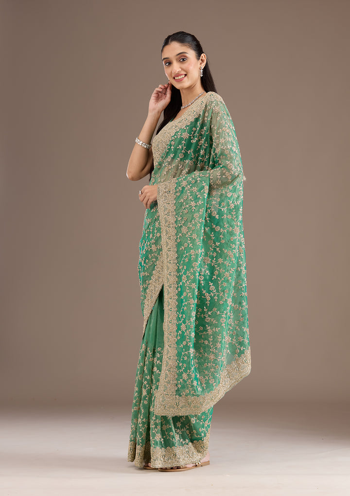 Sea Green Sequins Tissue Saree