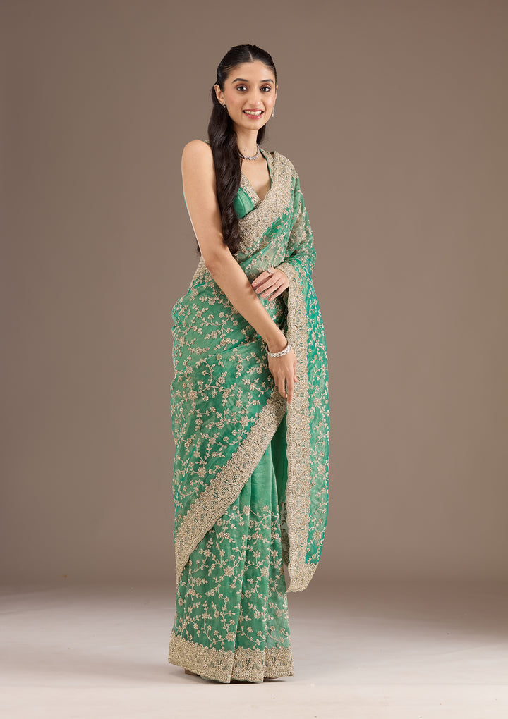 Sea Green Sequins Tissue Saree