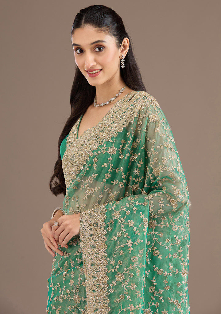 Sea Green Sequins Tissue Saree