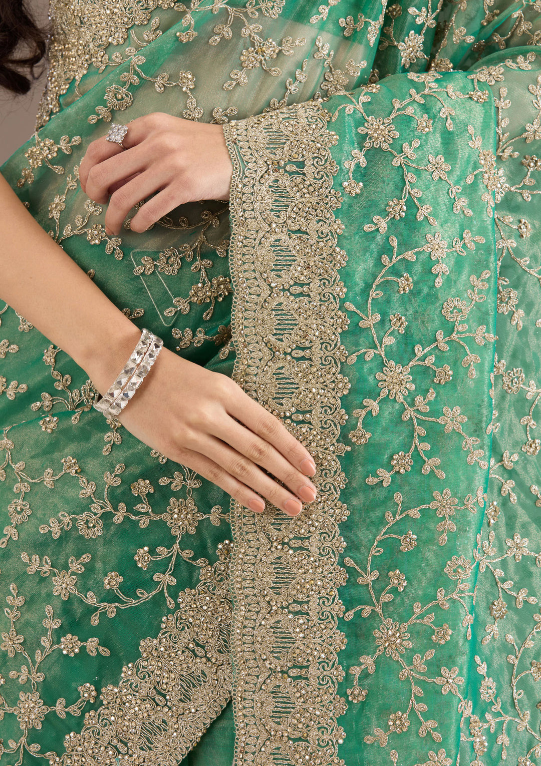 Sea Green Sequins Tissue Saree