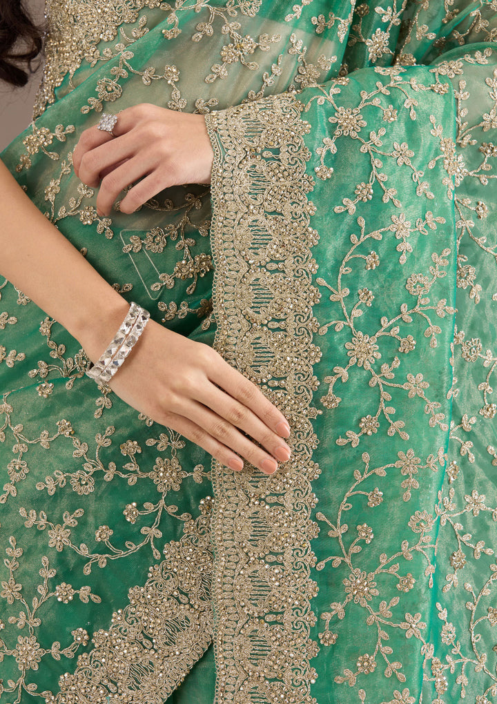 Sea Green Sequins Tissue Saree