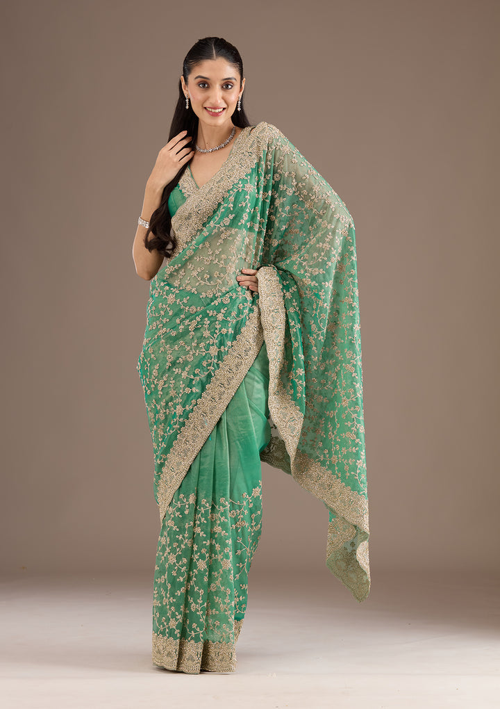Sea Green Sequins Tissue Saree