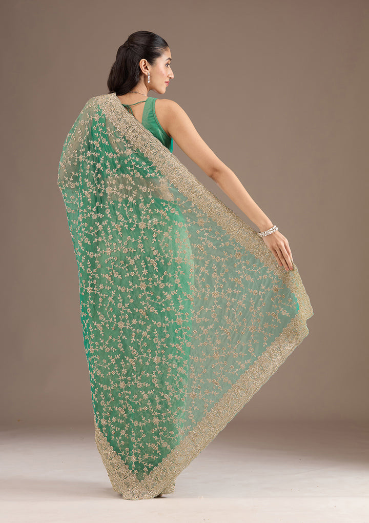 Sea Green Sequins Tissue Saree