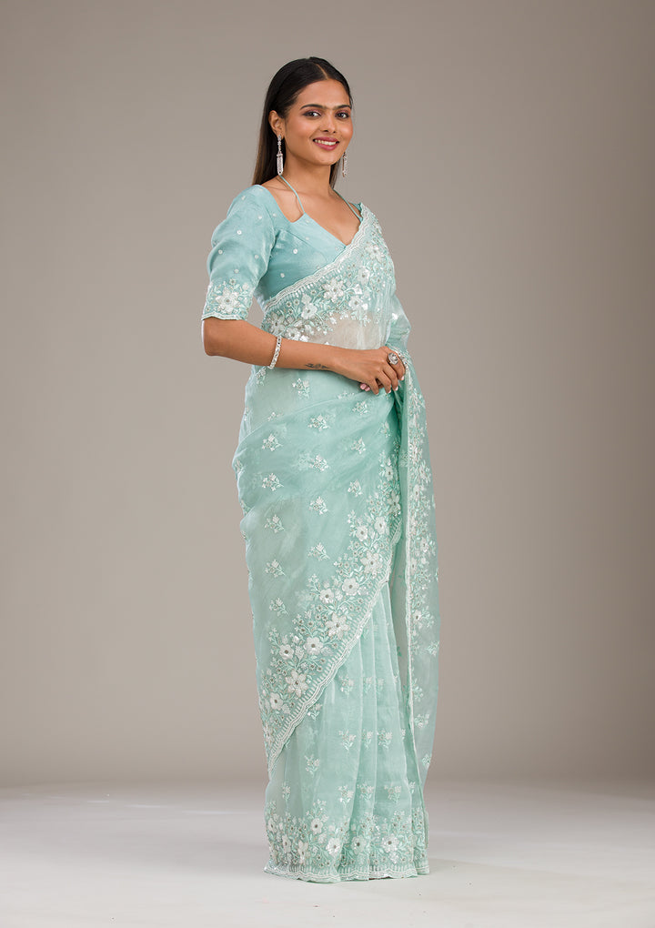 Sea Green Sequins Tissue Saree