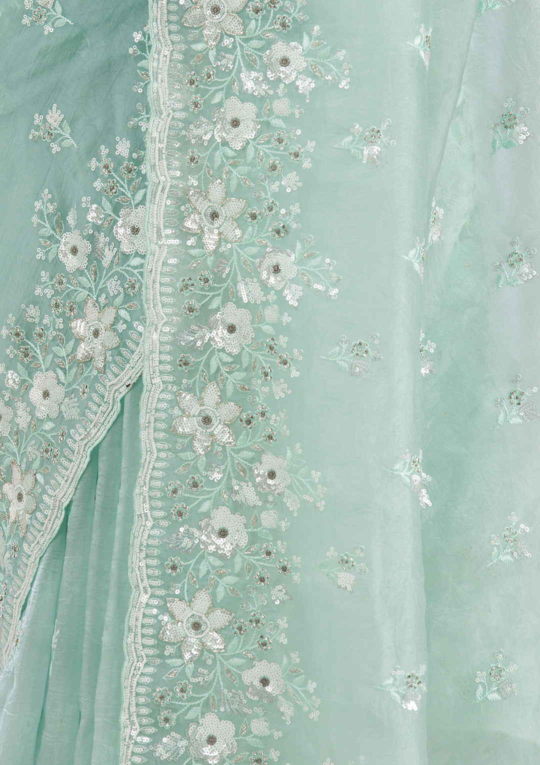 Sea Green Sequins Tissue Saree