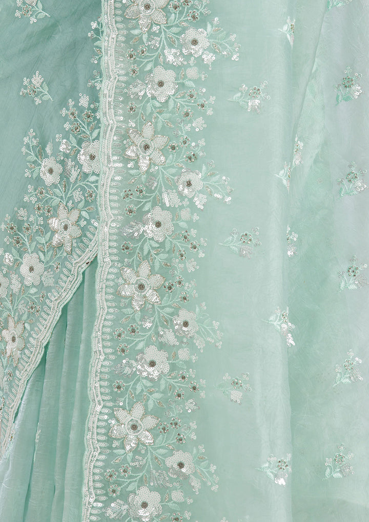 Sea Green Sequins Tissue Saree