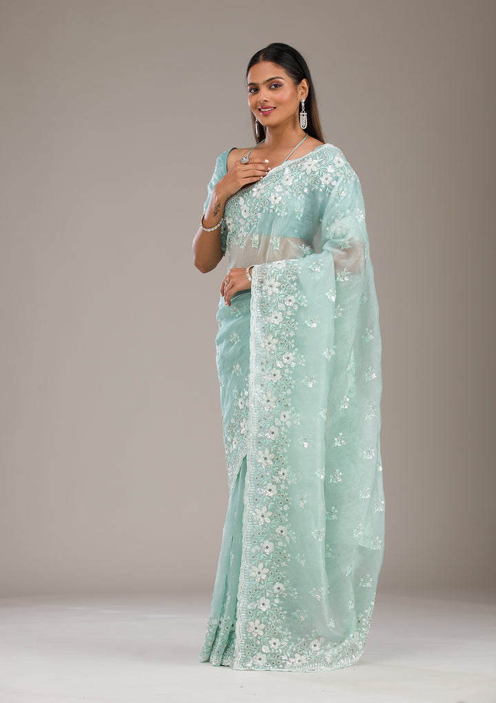 Sea Green Sequins Tissue Saree