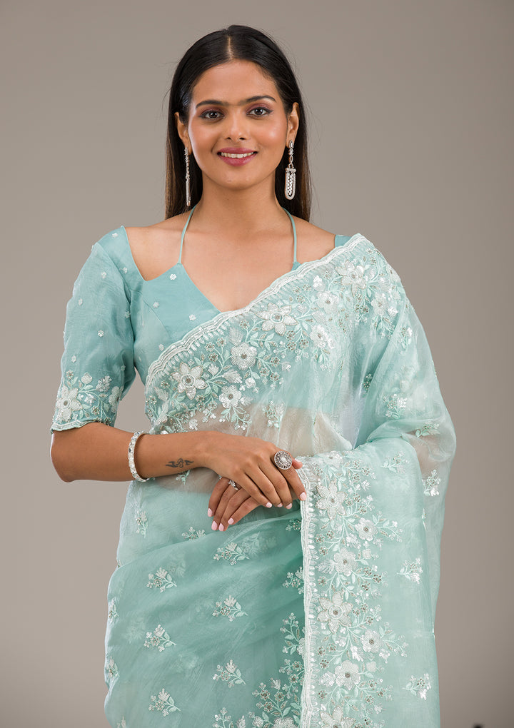 Sea Green Sequins Tissue Saree