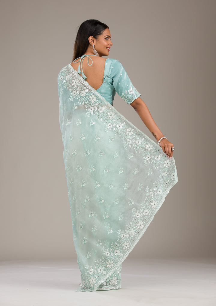 Sea Green Sequins Tissue Saree