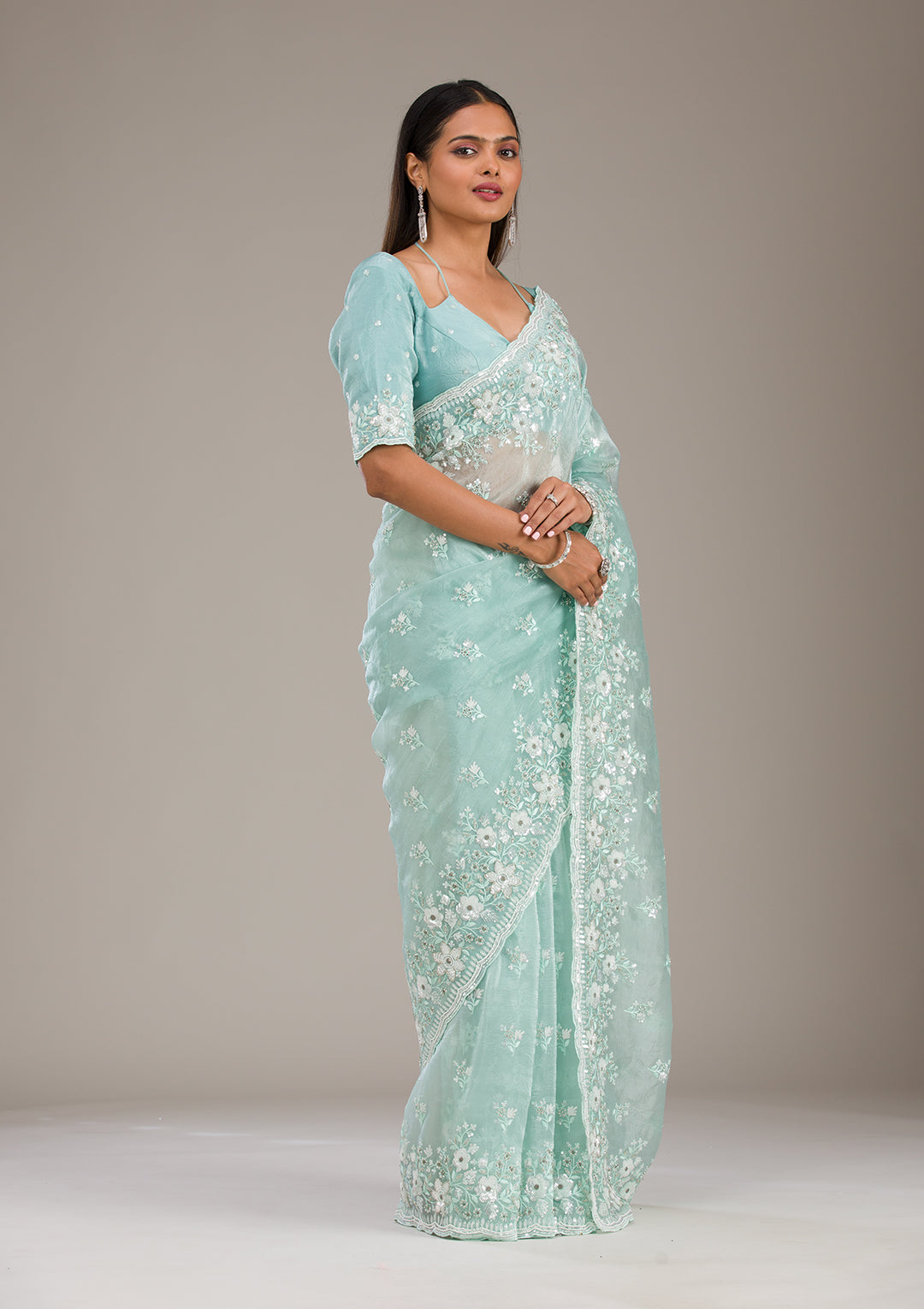 Sea Green Sequins Tissue Saree