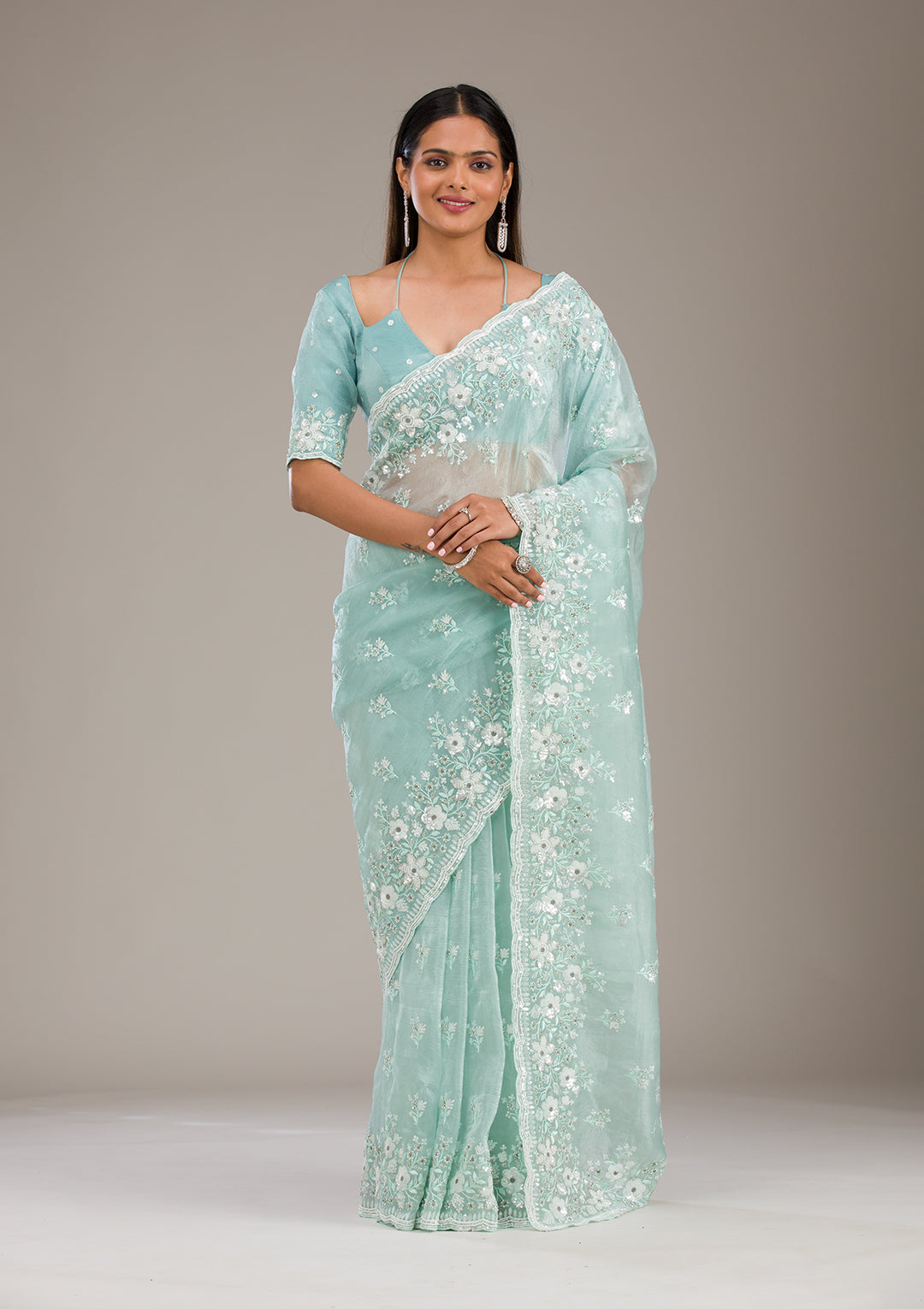 Sea Green Sequins Tissue Saree