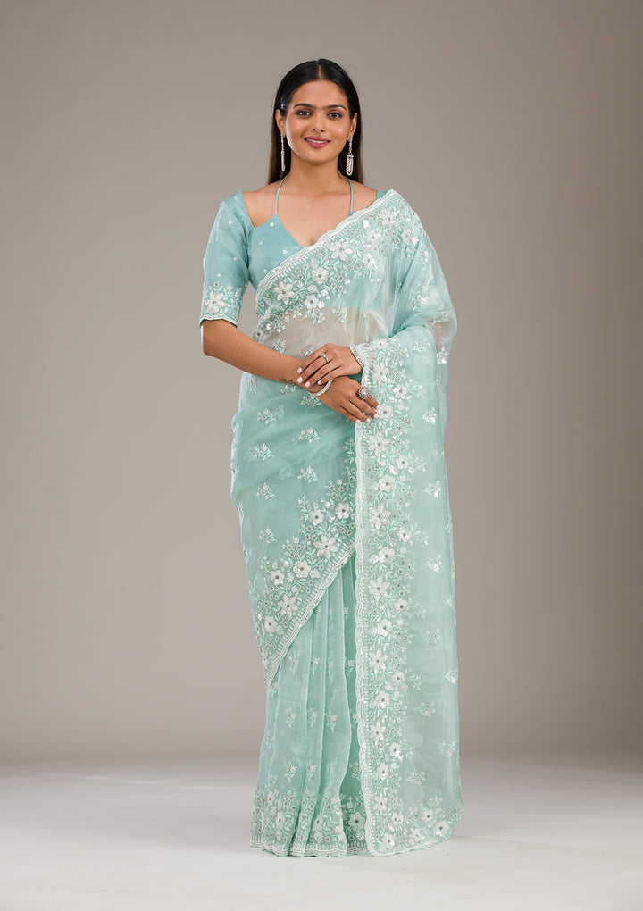 Sea Green Sequins Tissue Saree