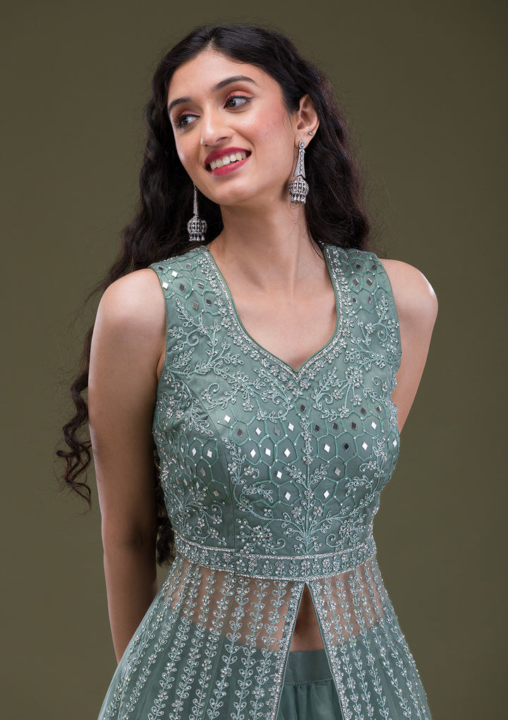 Sea Green Stonework Net Readymade Salwar Suit