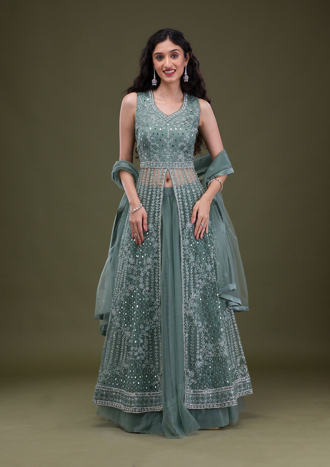 Sea Green Stonework Net Readymade Salwar Suit