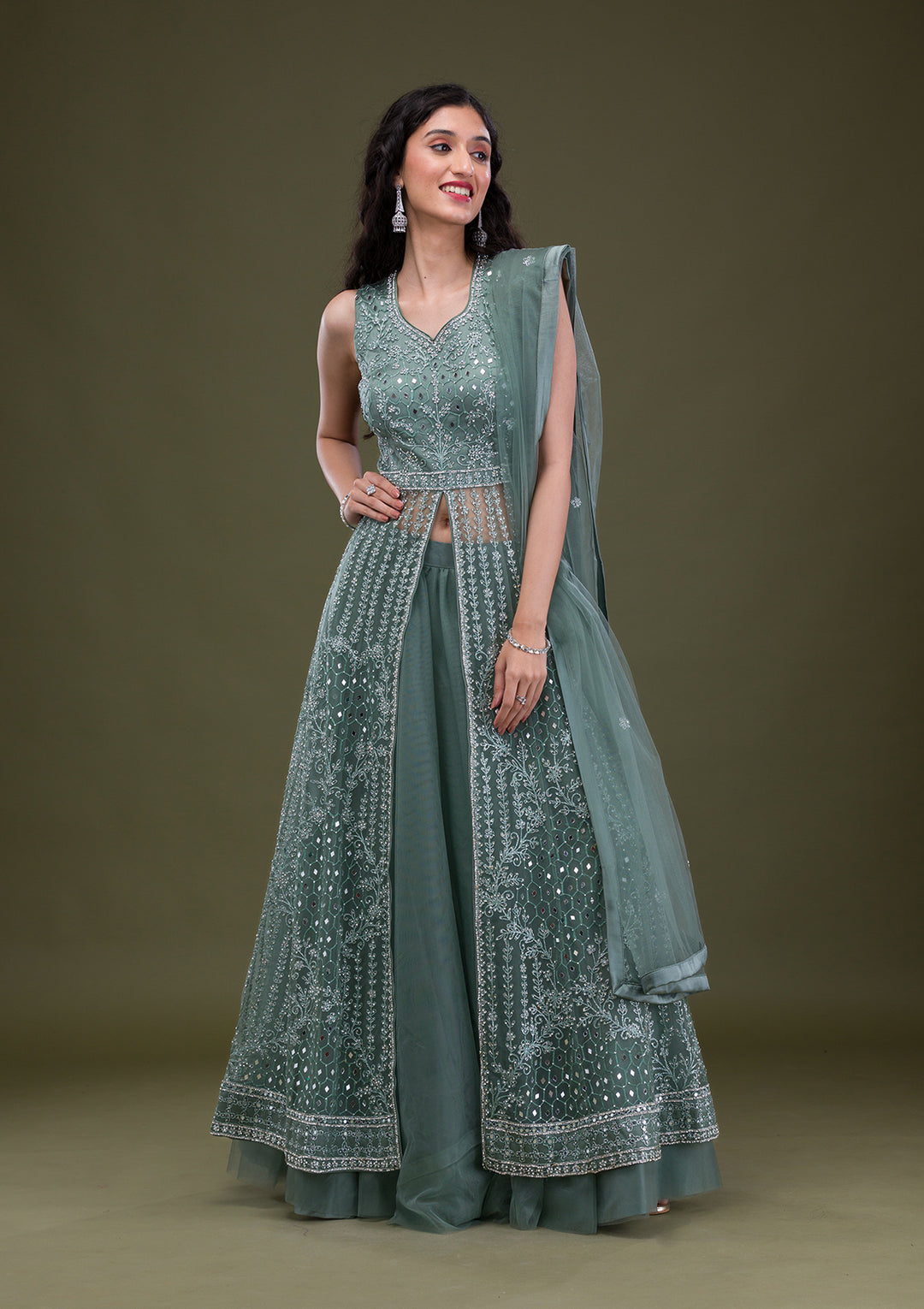 Sea Green Stonework Net Readymade Salwar Suit