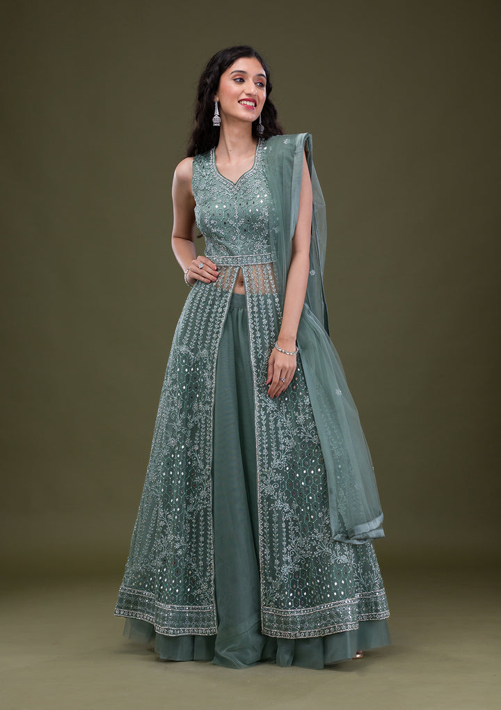Sea Green Stonework Net Readymade Salwar Suit