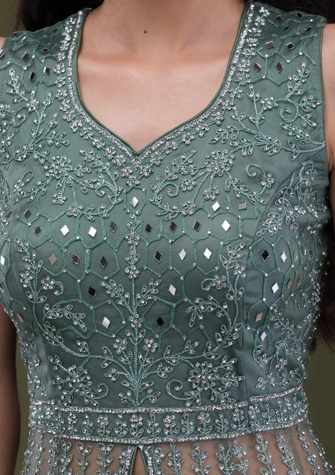Sea Green Stonework Net Readymade Salwar Suit