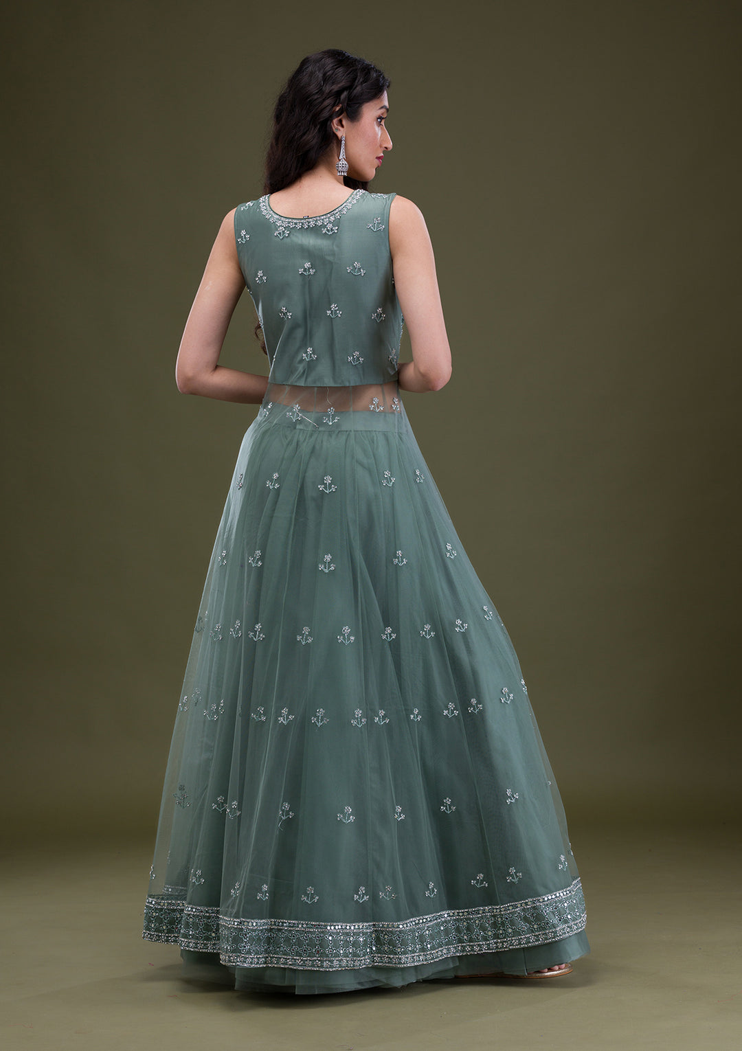 Sea Green Stonework Net Readymade Salwar Suit
