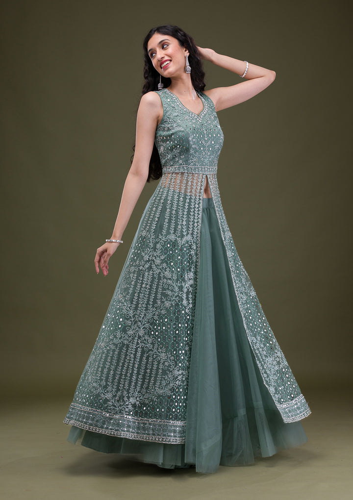 Sea Green Stonework Net Readymade Salwar Suit