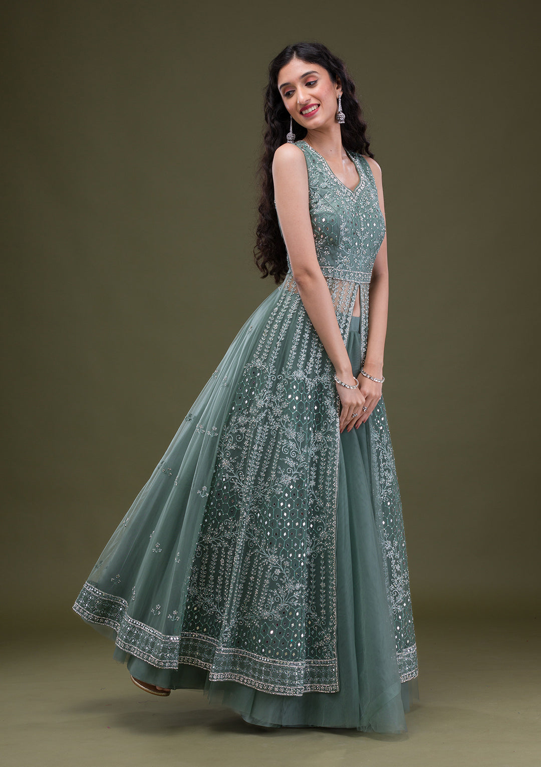 Sea Green Stonework Net Readymade Salwar Suit