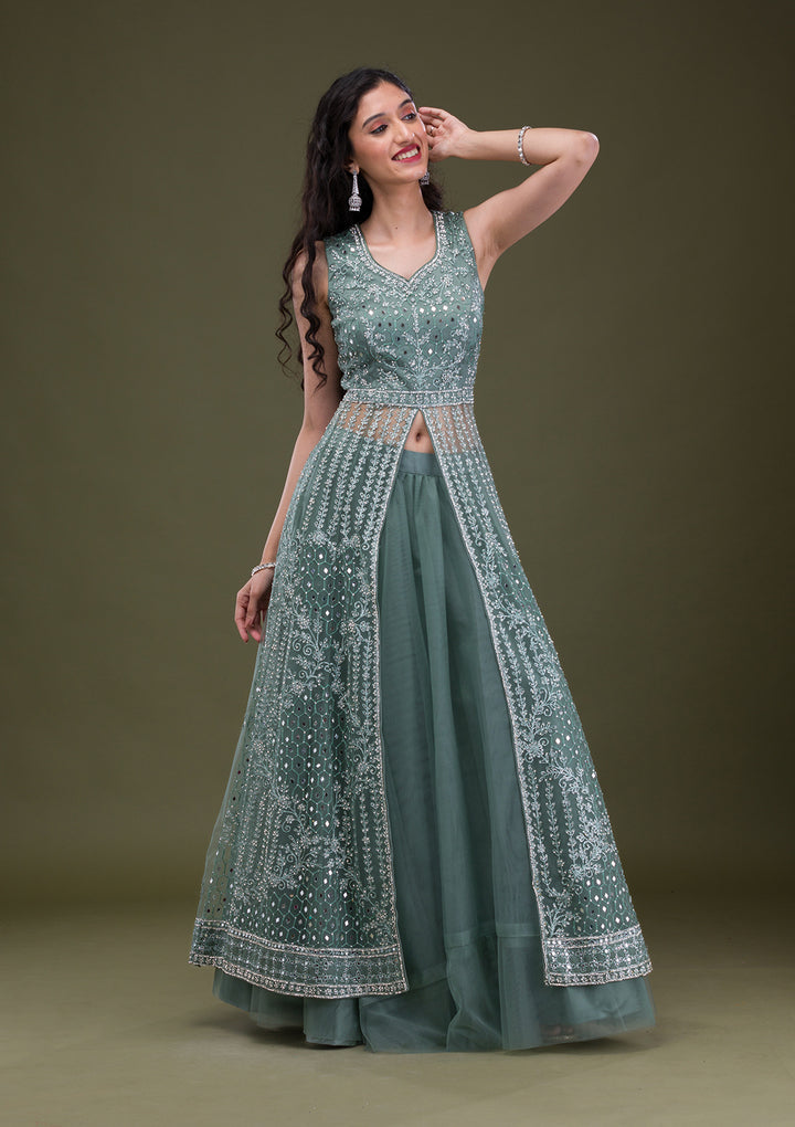 Sea Green Stonework Net Readymade Salwar Suit