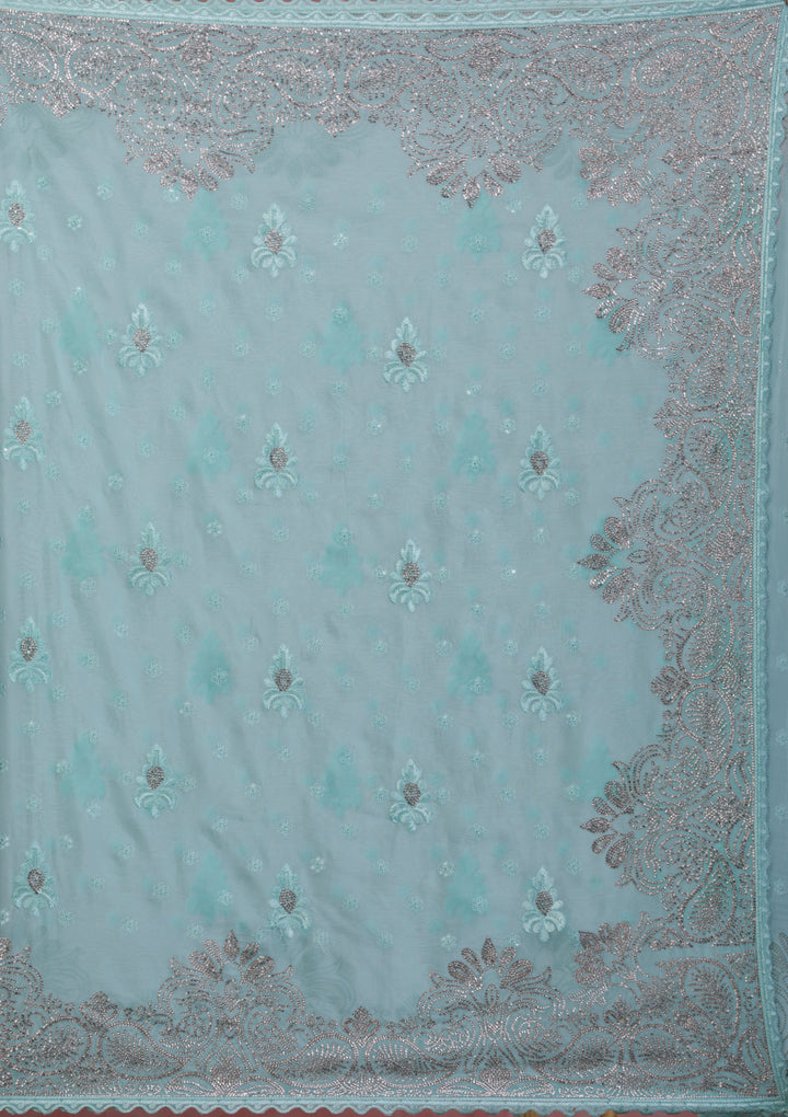 Sea Green Stonework Semi Crepe Designer Saree