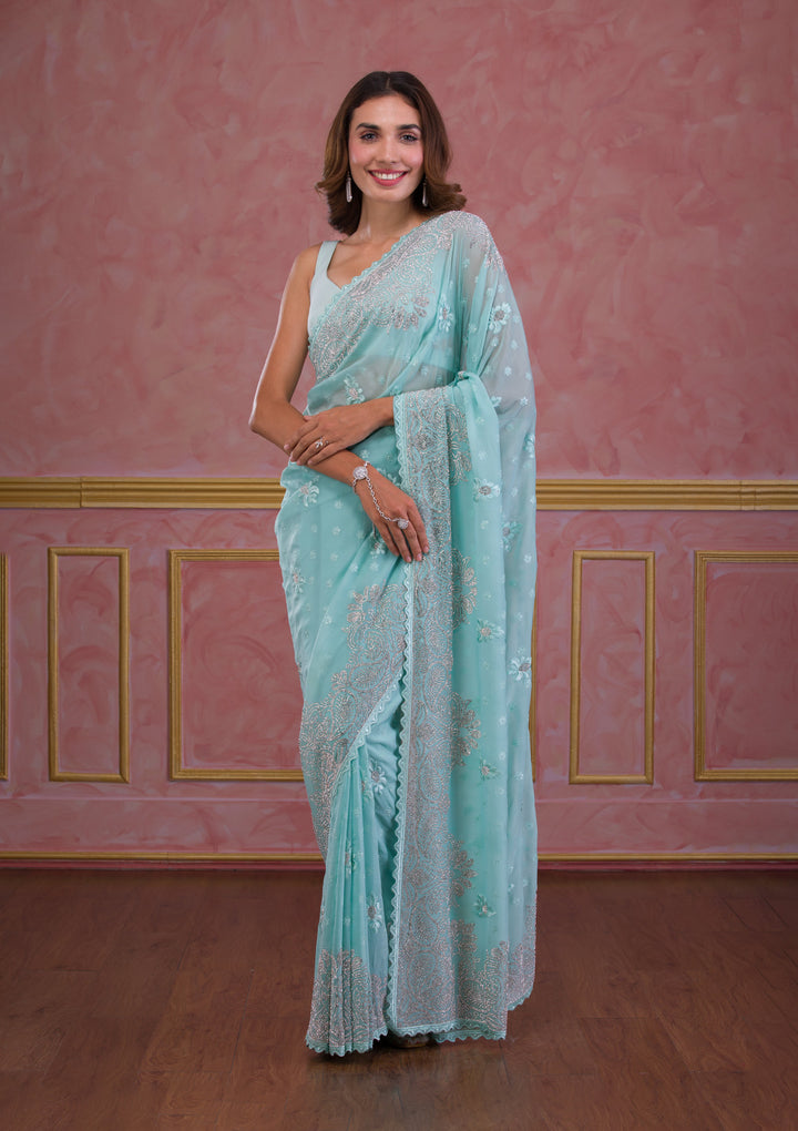 Sea Green Stonework Semi Crepe Designer Saree