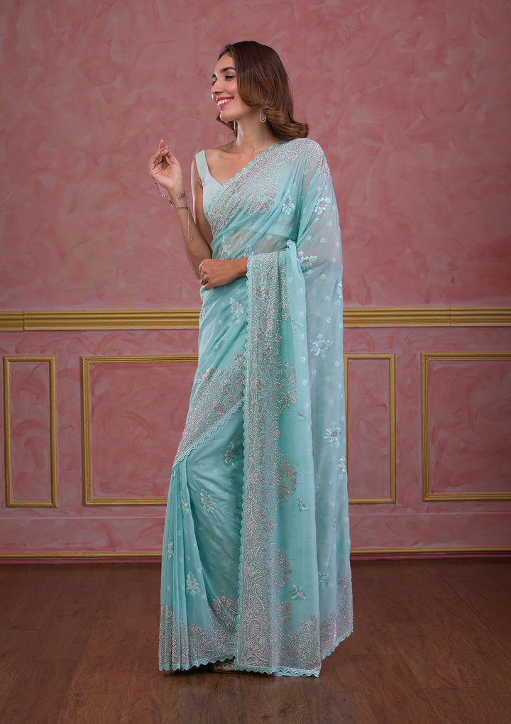 Sea Green Stonework Semi Crepe Designer Saree