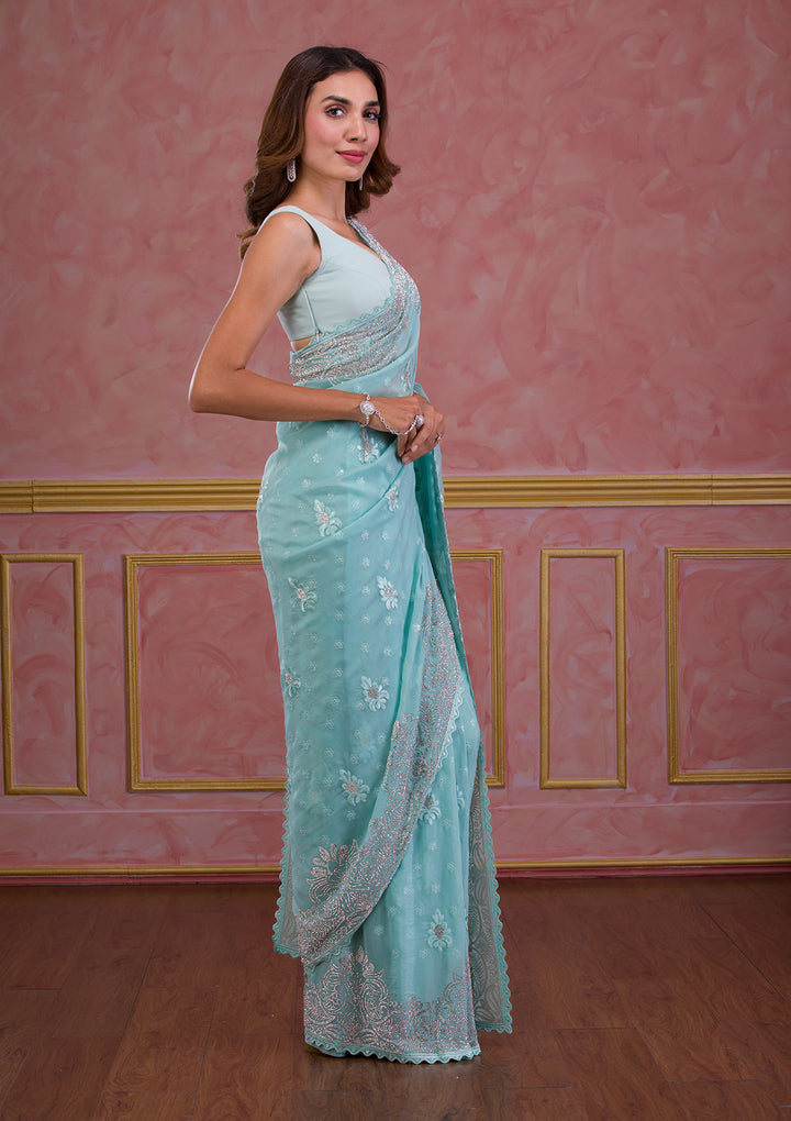 Sea Green Stonework Semi Crepe Designer Saree