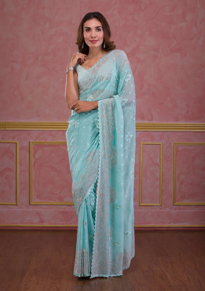 Sea Green Stonework Semi Crepe Designer Saree-Koskii