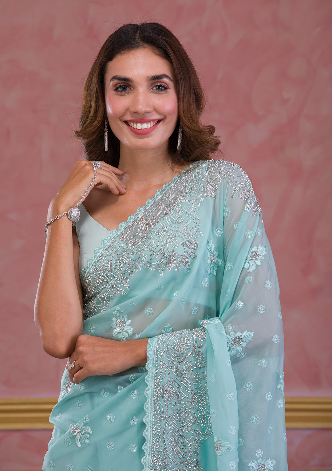Sea Green Stonework Semi Crepe Designer Saree