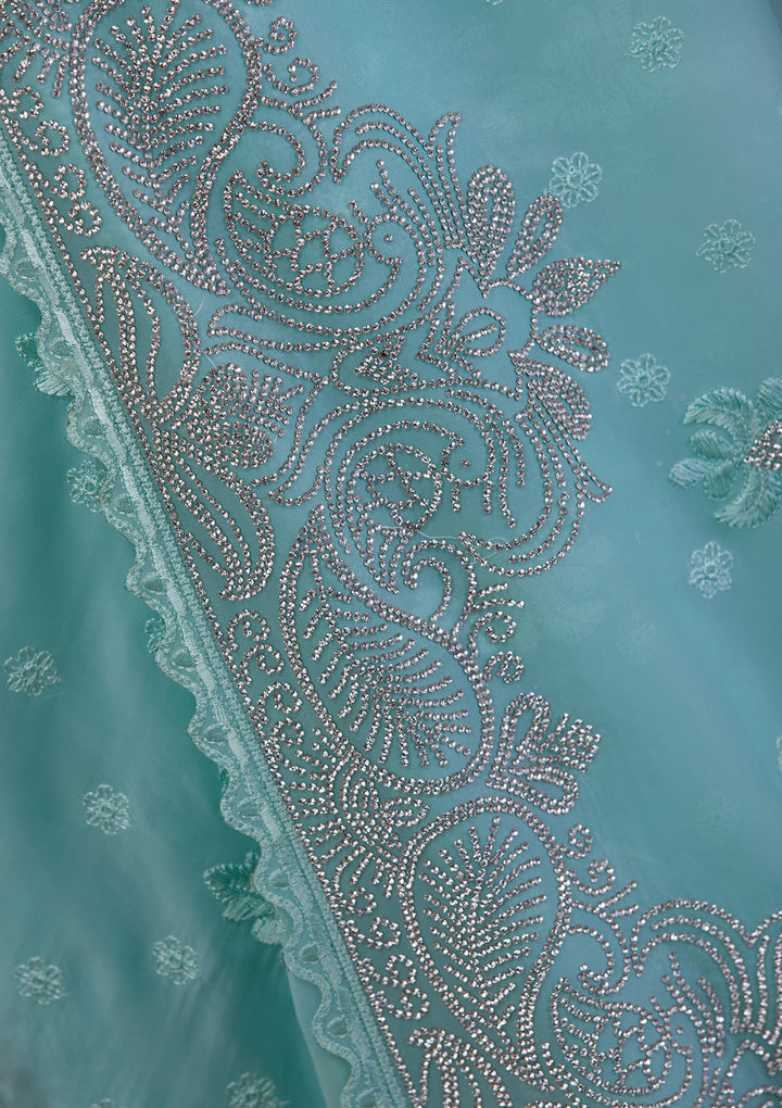 Sea Green Stonework Semi Crepe Designer Saree