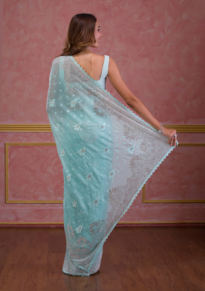 Sea Green Stonework Semi Crepe Designer Saree