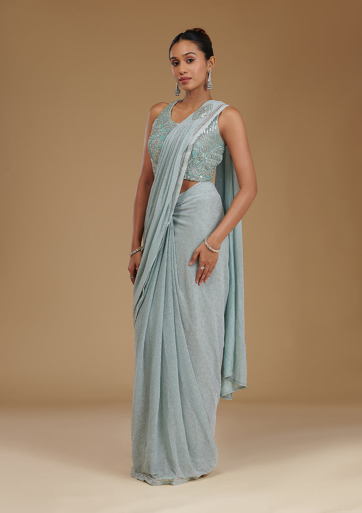 Sea Green Stonework Chiffon Readymade Saree