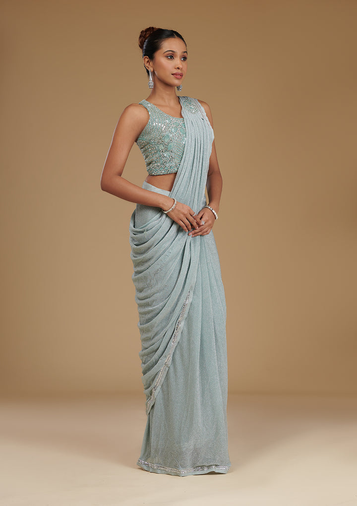 Sea Green Stonework Chiffon Readymade Saree
