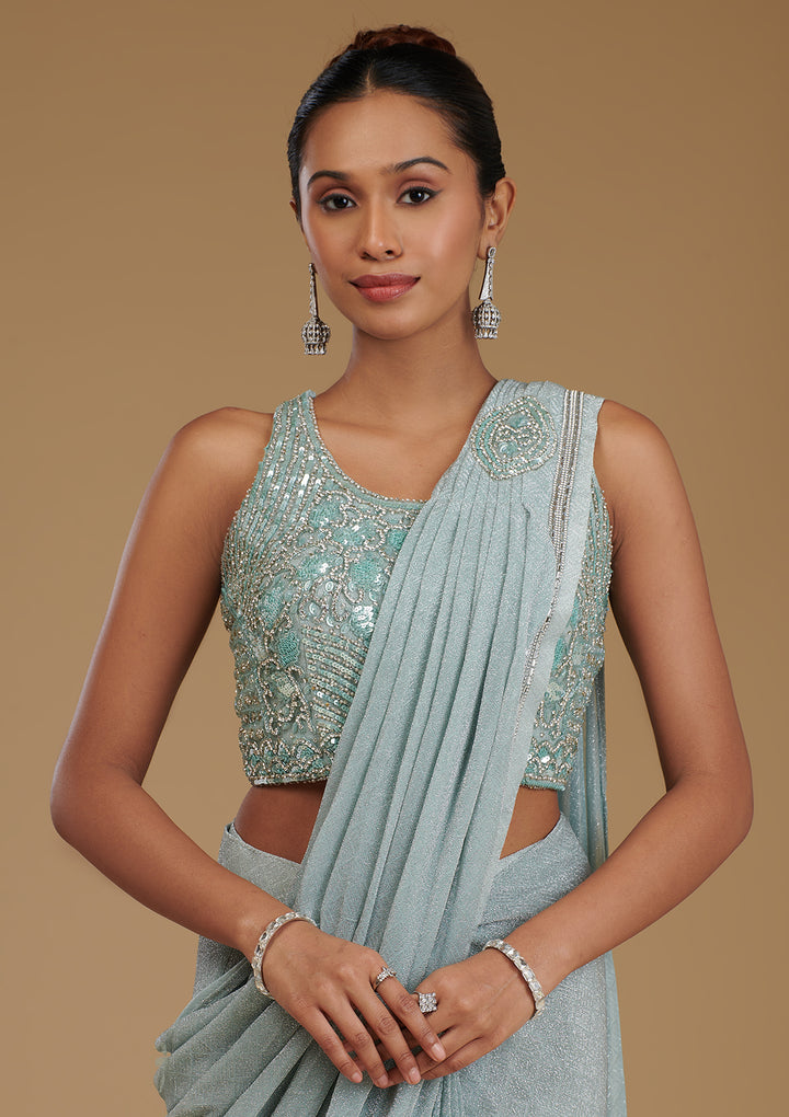 Sea Green Stonework Chiffon Readymade Saree