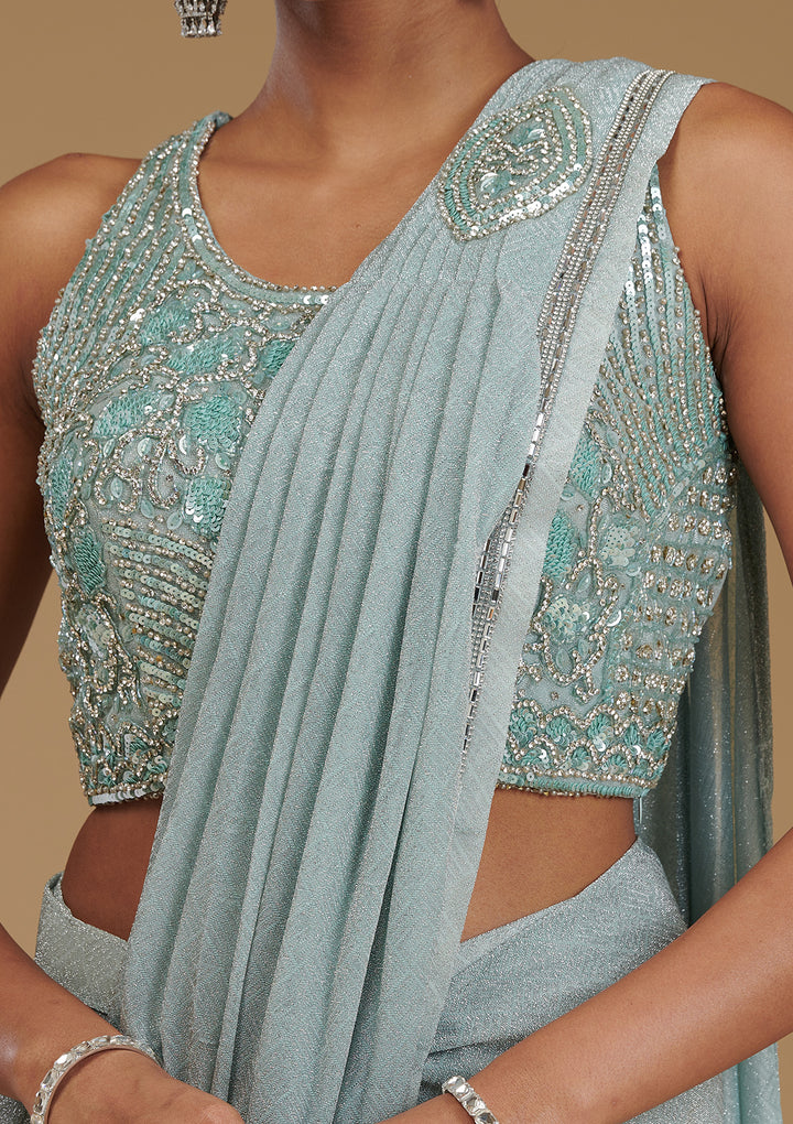 Sea Green Stonework Chiffon Readymade Saree