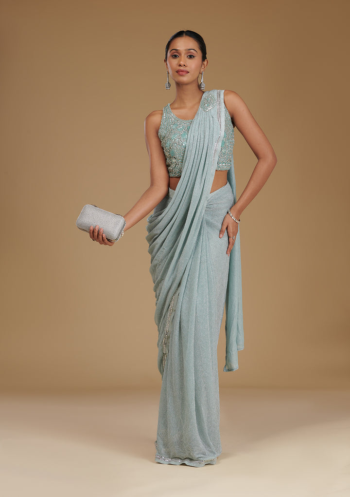 Sea Green Stonework Chiffon Readymade Saree