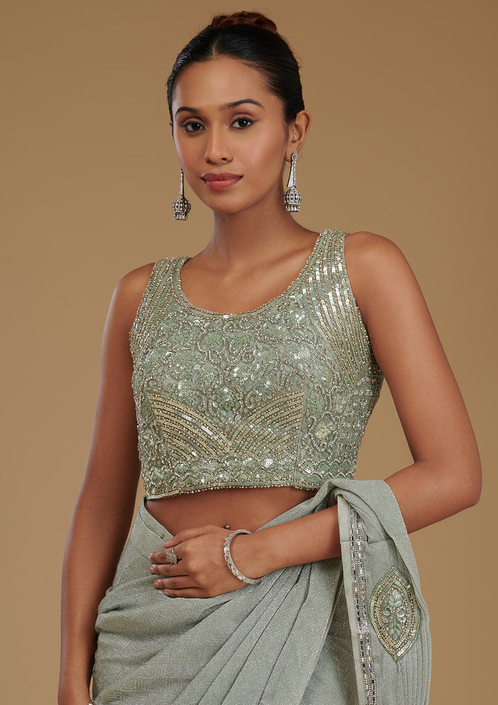Sea Green Stonework Chiffon Readymade Saree
