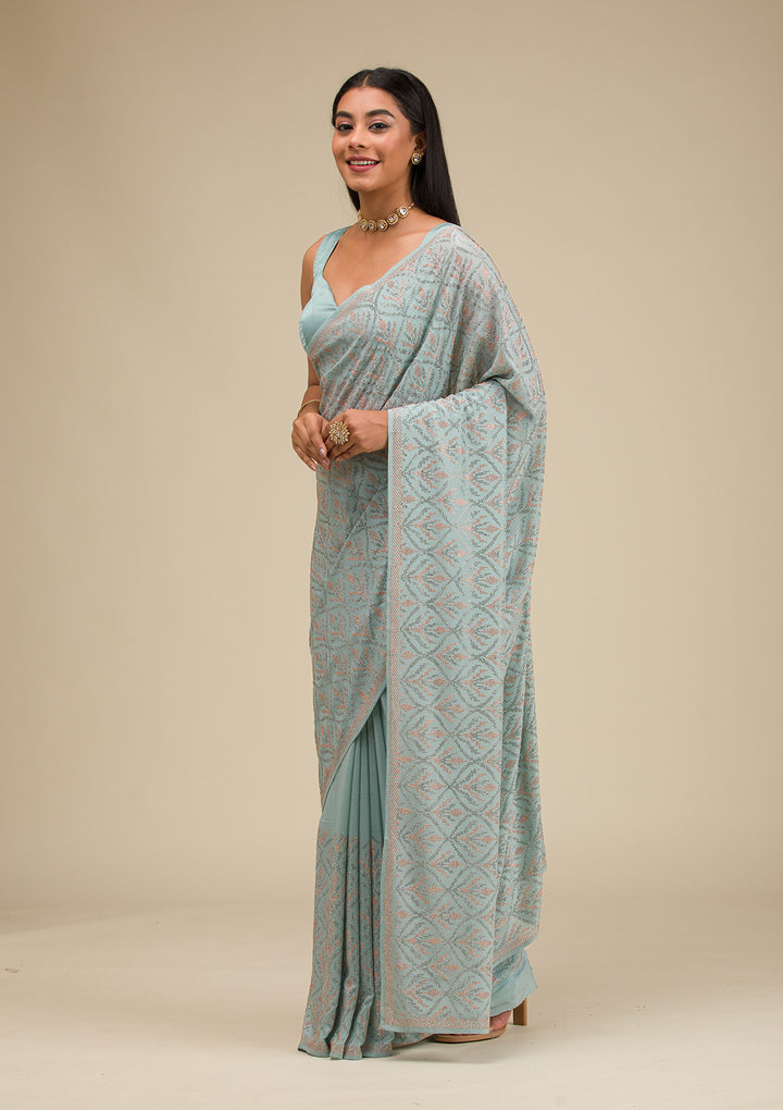 Sea Green Stonework Georgette Saree