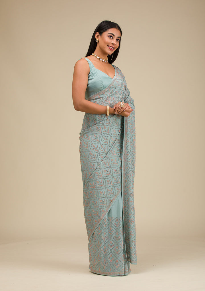 Sea Green Stonework Georgette Saree