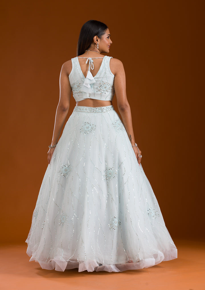 Sea Green Stonework Net Readymade Lehenga