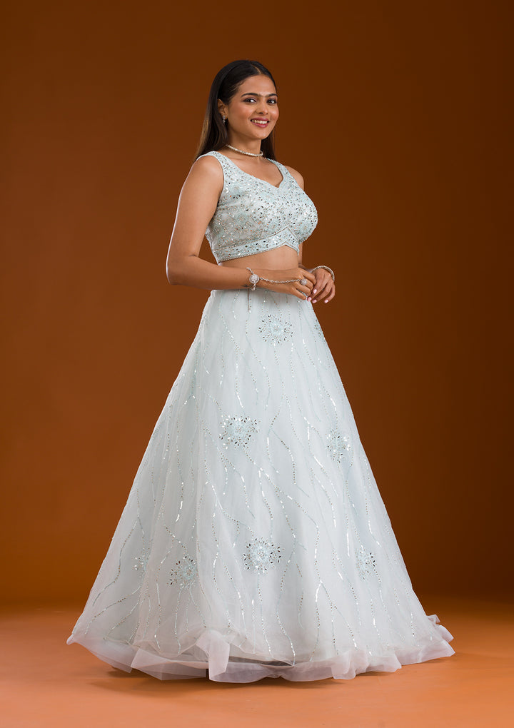 Sea Green Stonework Net Readymade Lehenga
