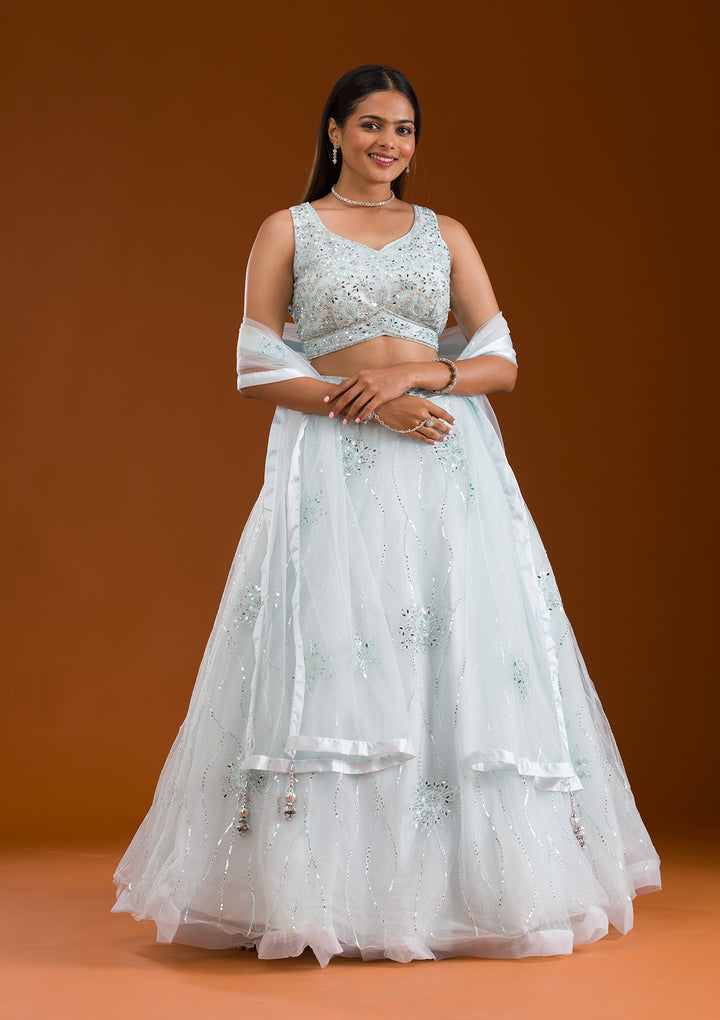 Sea Green Stonework Net Readymade Lehenga